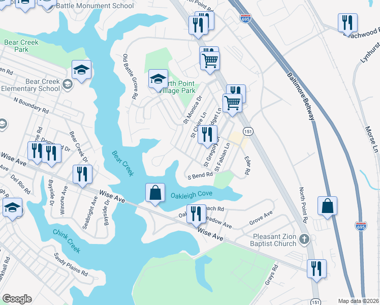 map of restaurants, bars, coffee shops, grocery stores, and more near 7805 Saint Claire Lane in Dundalk