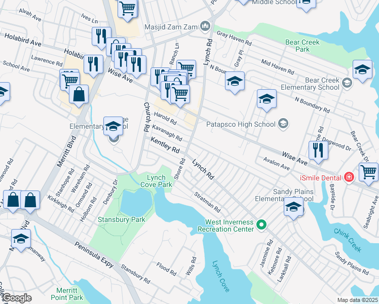 map of restaurants, bars, coffee shops, grocery stores, and more near 7902 Lynch Road in Dundalk