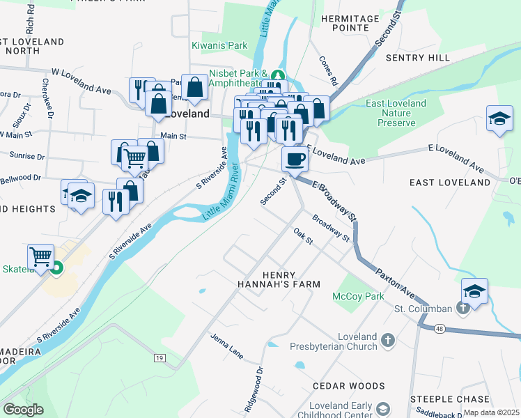 map of restaurants, bars, coffee shops, grocery stores, and more near 106 Laurel Street in Loveland