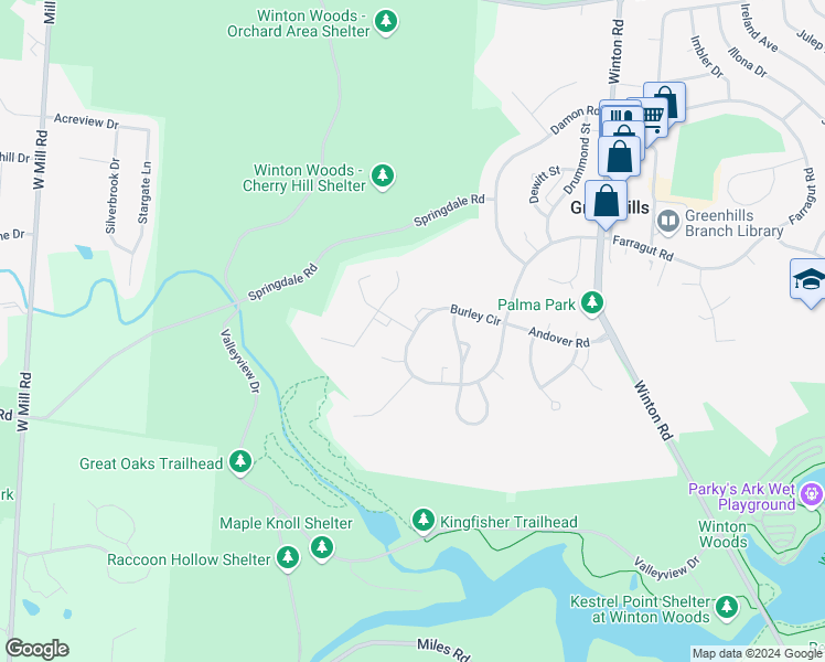 map of restaurants, bars, coffee shops, grocery stores, and more near 58 Burley Circle in Cincinnati