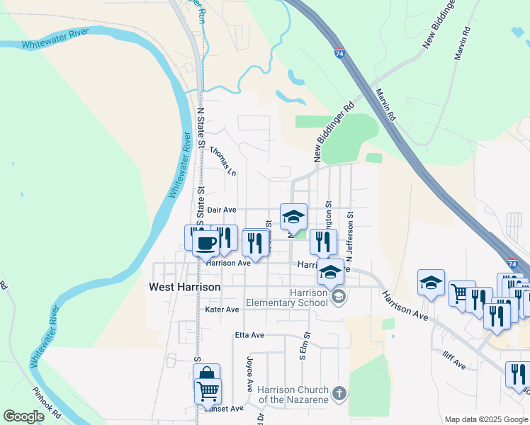 map of restaurants, bars, coffee shops, grocery stores, and more near 215 North Vine Street in Harrison