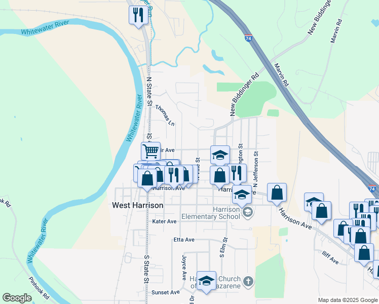 map of restaurants, bars, coffee shops, grocery stores, and more near 215 North Vine Street in Harrison