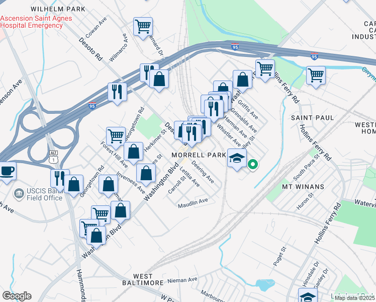 map of restaurants, bars, coffee shops, grocery stores, and more near 2704 Washington Boulevard in Baltimore