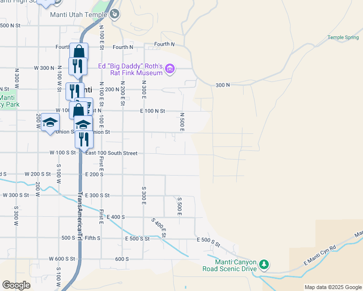 map of restaurants, bars, coffee shops, grocery stores, and more near 70 South 470 East in Manti
