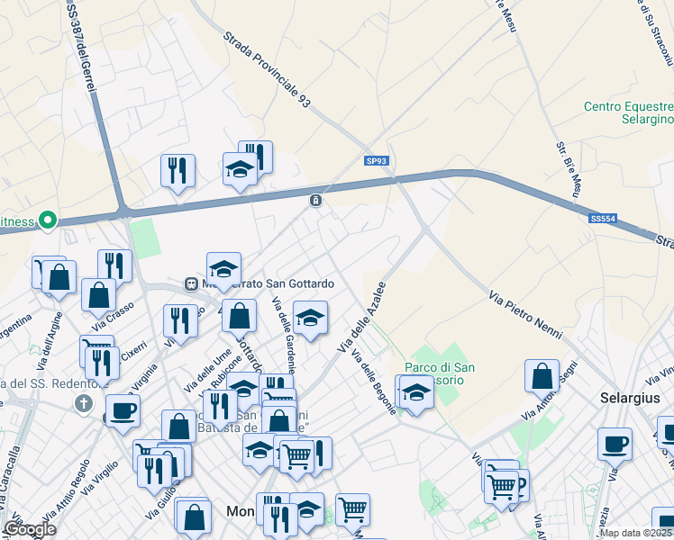 map of restaurants, bars, coffee shops, grocery stores, and more near Via delle Camelie in Selargius