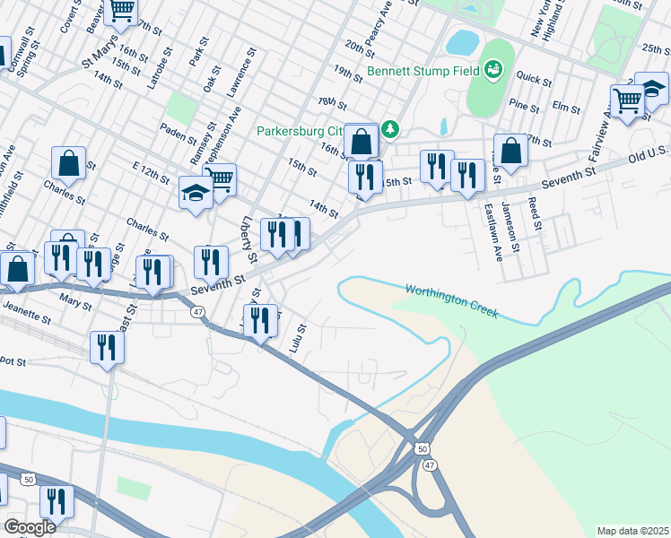 map of restaurants, bars, coffee shops, grocery stores, and more near 1296 Bird Street in Parkersburg