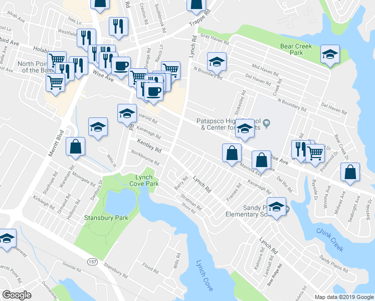 map of restaurants, bars, coffee shops, grocery stores, and more near 7925 Kavanagh Road in Dundalk