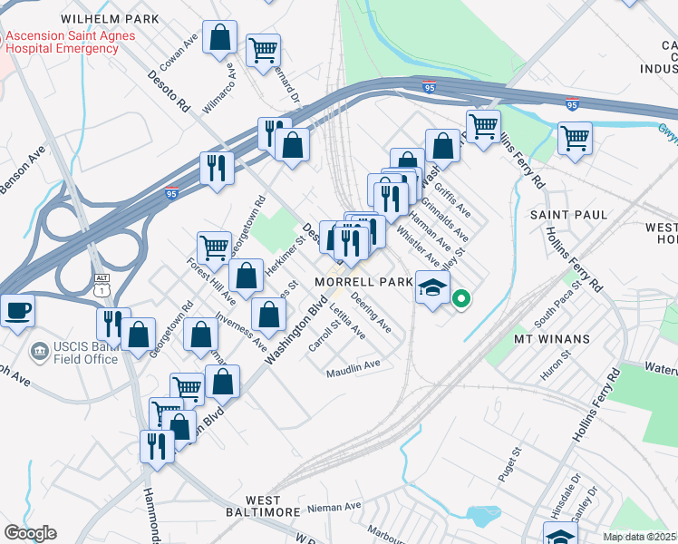 map of restaurants, bars, coffee shops, grocery stores, and more near 2704 Washington Boulevard in Baltimore