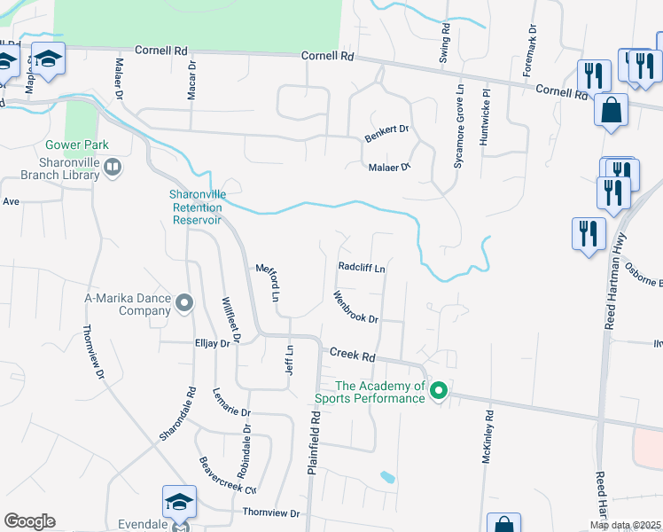 map of restaurants, bars, coffee shops, grocery stores, and more near 4122 Wenbrook Drive in Sharonville