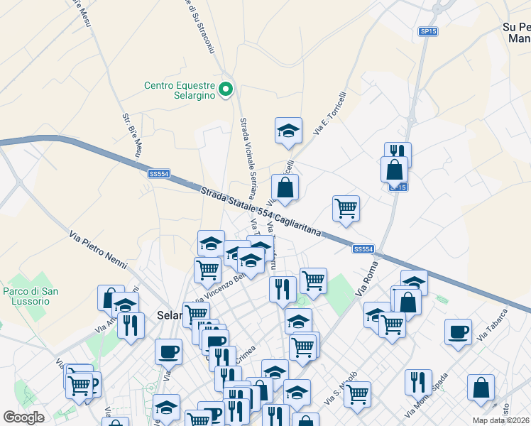 map of restaurants, bars, coffee shops, grocery stores, and more near Via Venezia in Selargius
