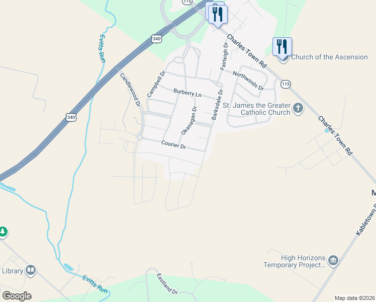 map of restaurants, bars, coffee shops, grocery stores, and more near 224 Courier Drive in Charles Town