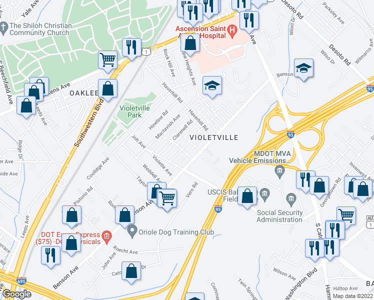 map of restaurants, bars, coffee shops, grocery stores, and more near 3661 Greenvale Road in Baltimore