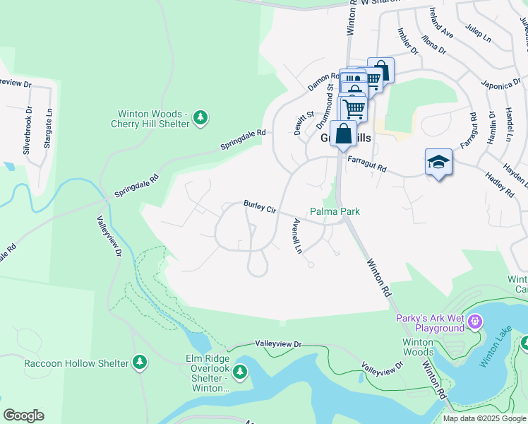 map of restaurants, bars, coffee shops, grocery stores, and more near 11 Burley Circle in Cincinnati