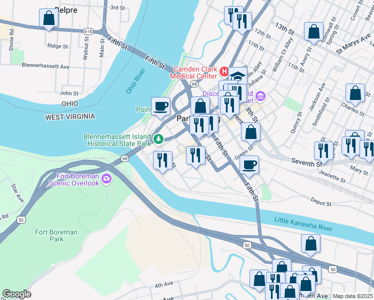 map of restaurants, bars, coffee shops, grocery stores, and more near 316 Market Street in Parkersburg