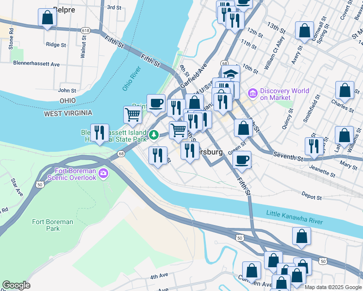 map of restaurants, bars, coffee shops, grocery stores, and more near 316 Market Street in Parkersburg