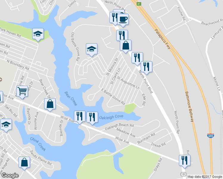 map of restaurants, bars, coffee shops, grocery stores, and more near 7817 Saint Claire Lane in Dundalk