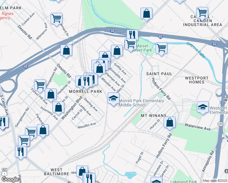 map of restaurants, bars, coffee shops, grocery stores, and more near 2046 Whistler Avenue in Baltimore