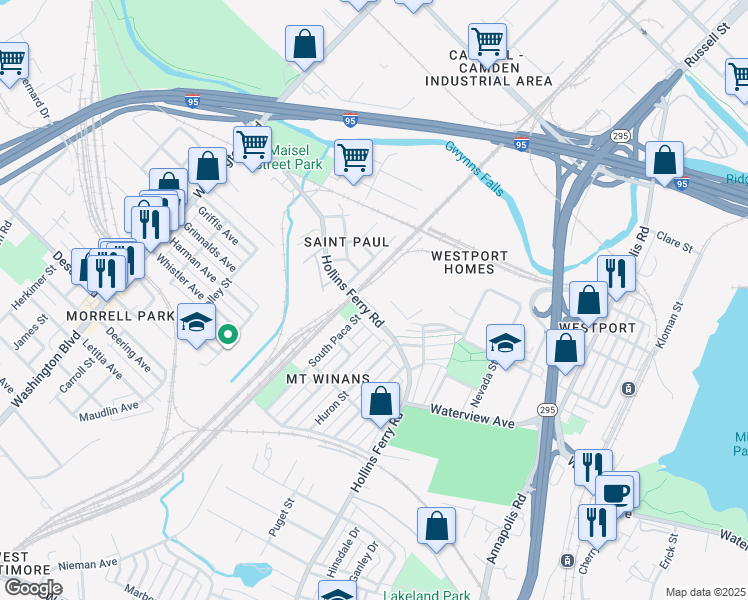 map of restaurants, bars, coffee shops, grocery stores, and more near 2325 Hollins Ferry Road in Baltimore