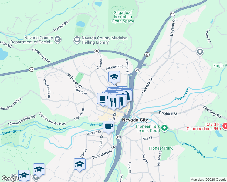 map of restaurants, bars, coffee shops, grocery stores, and more near 201 Church Street in Nevada City