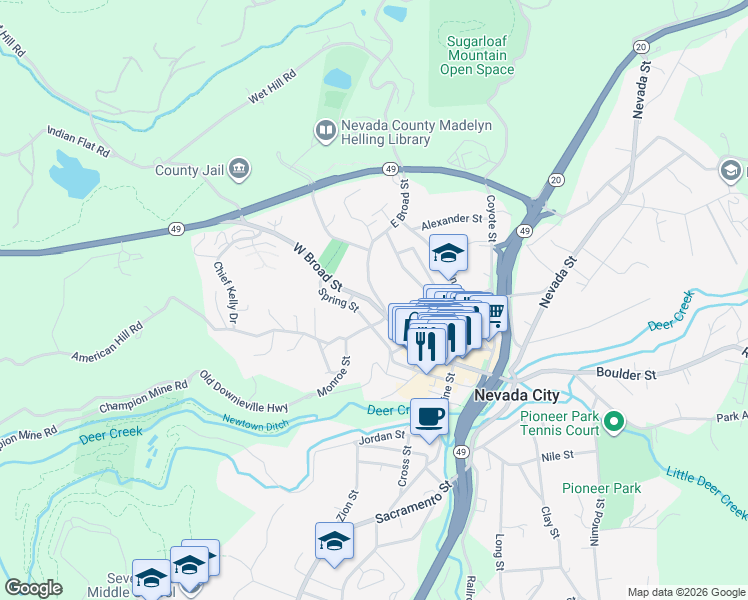 map of restaurants, bars, coffee shops, grocery stores, and more near 529 East Broad Street in Nevada City