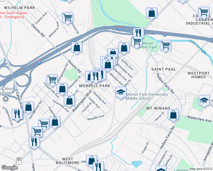 map of restaurants, bars, coffee shops, grocery stores, and more near 1926 Parksley Avenue in Baltimore
