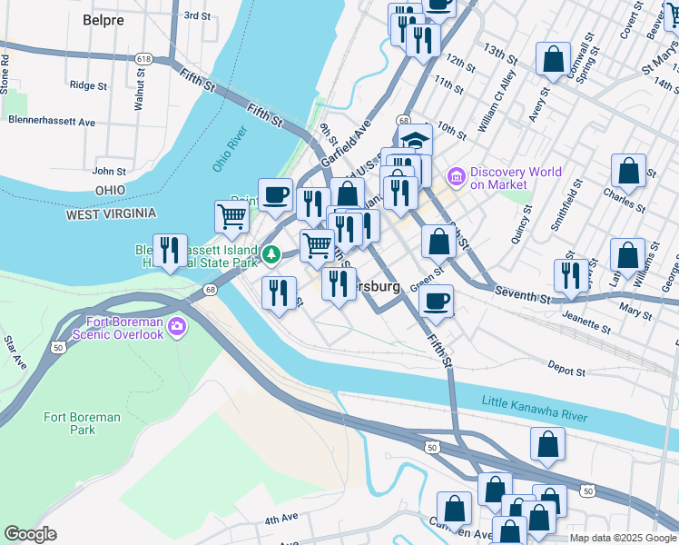 map of restaurants, bars, coffee shops, grocery stores, and more near 310 Market Street in Parkersburg