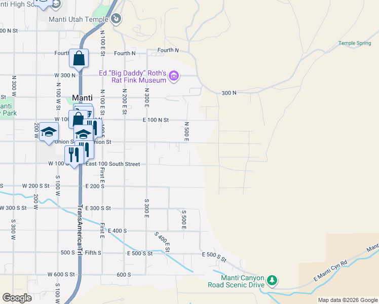 map of restaurants, bars, coffee shops, grocery stores, and more near 4 South 500 East in Manti