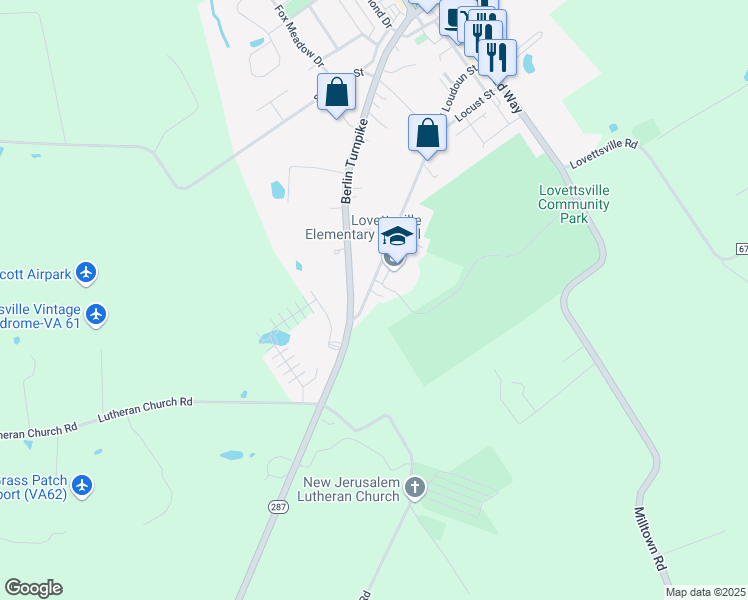 map of restaurants, bars, coffee shops, grocery stores, and more near 53 South Loudoun Street in Lovettsville