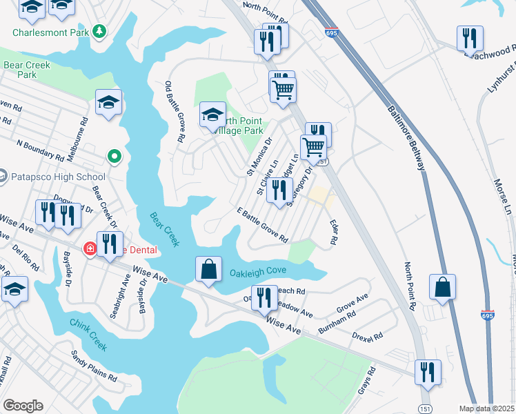 map of restaurants, bars, coffee shops, grocery stores, and more near 7817 Saint Claire Lane in Dundalk