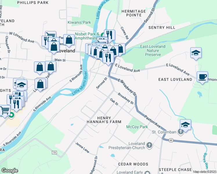 map of restaurants, bars, coffee shops, grocery stores, and more near 215 South 2nd Street in Loveland