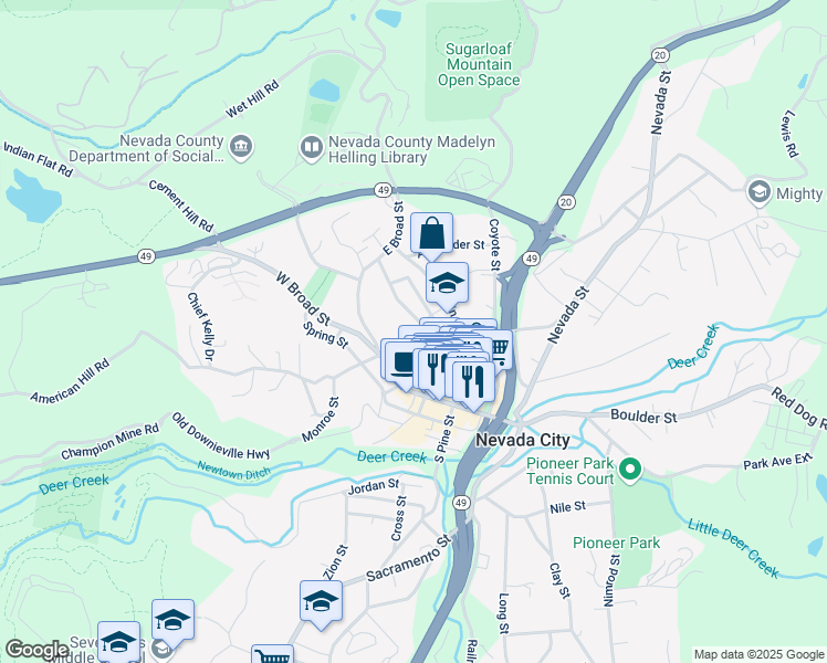 map of restaurants, bars, coffee shops, grocery stores, and more near 509 North Pine Street in Nevada City