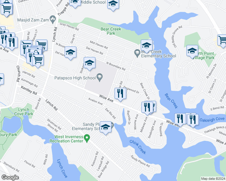 map of restaurants, bars, coffee shops, grocery stores, and more near 1763 Inverness Avenue in Dundalk