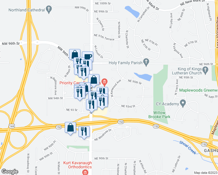 map of restaurants, bars, coffee shops, grocery stores, and more near 9404 North Kenwood Avenue in Kansas City