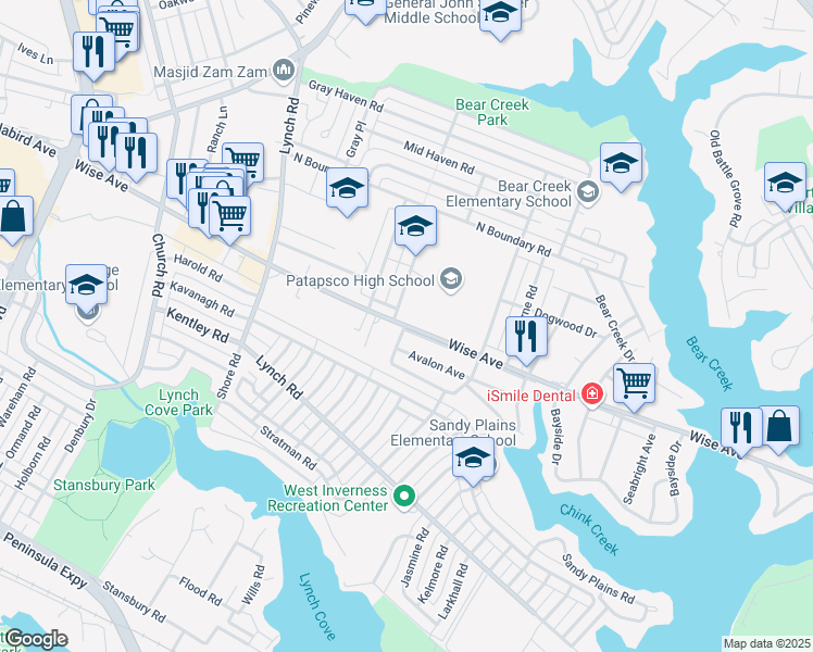 map of restaurants, bars, coffee shops, grocery stores, and more near 8100 Wise Avenue in Dundalk