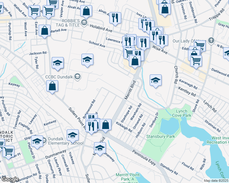map of restaurants, bars, coffee shops, grocery stores, and more near 7252 Meadow Lane in Dundalk