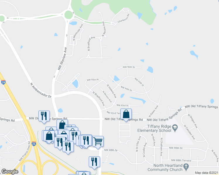 map of restaurants, bars, coffee shops, grocery stores, and more near 9419 North Helena Avenue in Kansas City