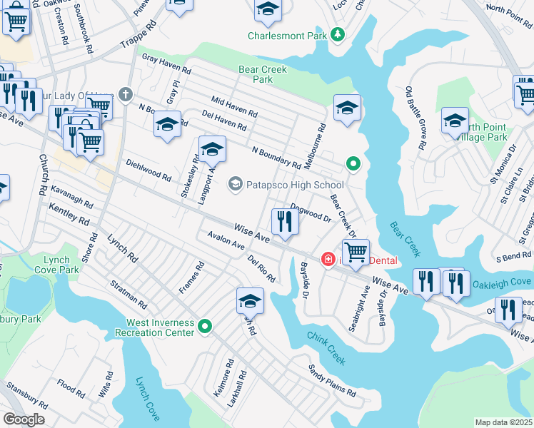 map of restaurants, bars, coffee shops, grocery stores, and more near 1763 Inverness Avenue in Dundalk