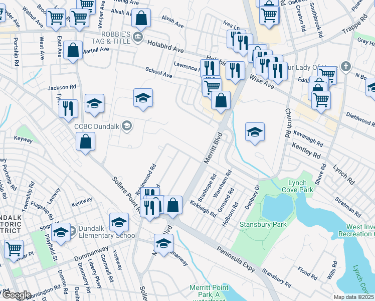 map of restaurants, bars, coffee shops, grocery stores, and more near 7252 Meadow Lane in Dundalk
