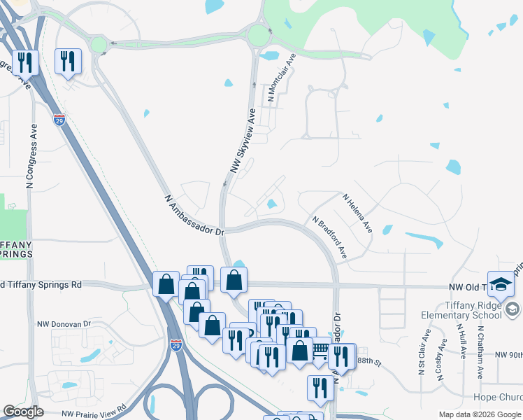 map of restaurants, bars, coffee shops, grocery stores, and more near 9519 North Ambassador Drive in Kansas City
