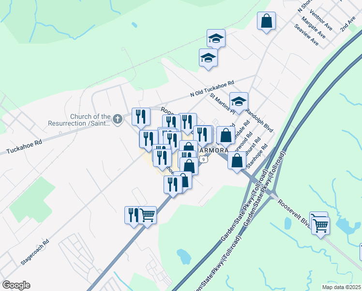 map of restaurants, bars, coffee shops, grocery stores, and more near 4 Roosevelt Boulevard in Marmora