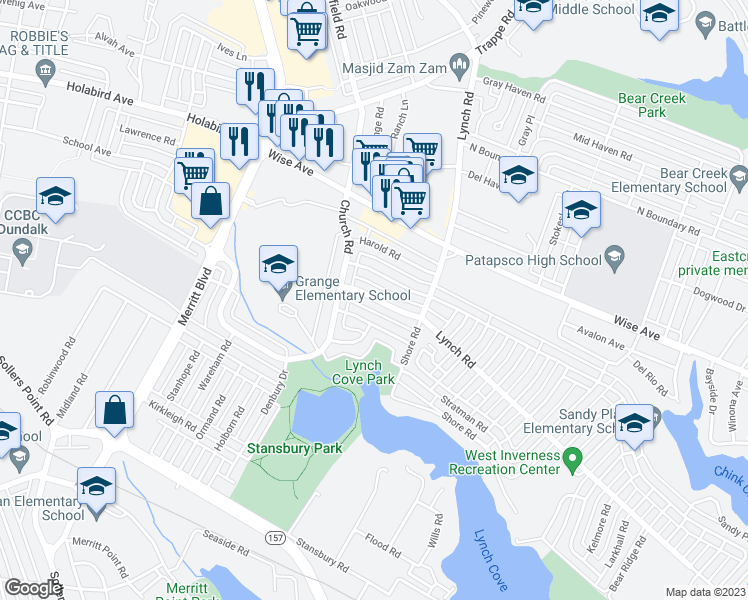 map of restaurants, bars, coffee shops, grocery stores, and more near 7843 Kentley Road in Dundalk