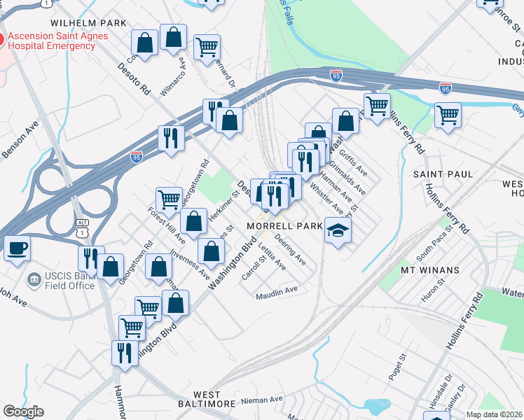 map of restaurants, bars, coffee shops, grocery stores, and more near 1808 Desoto Road in Baltimore