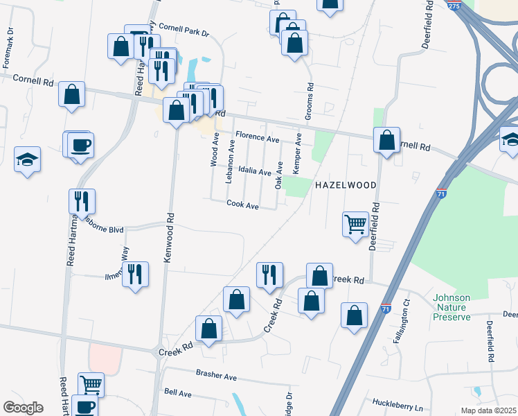 map of restaurants, bars, coffee shops, grocery stores, and more near 5701 Cook Avenue in Blue Ash