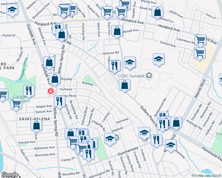 map of restaurants, bars, coffee shops, grocery stores, and more near 7101 Sollers Point Rd in Dundalk