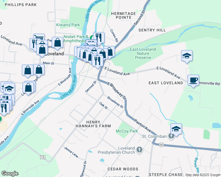 map of restaurants, bars, coffee shops, grocery stores, and more near 150 East Broadway Street in Loveland