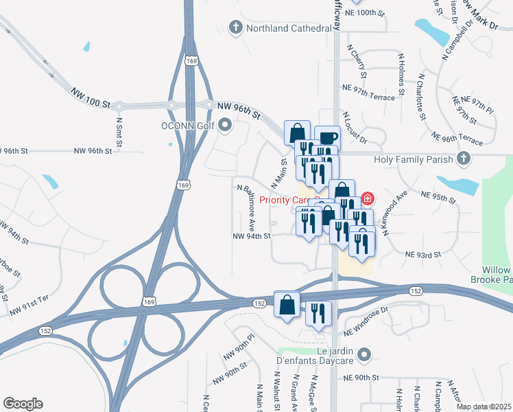 map of restaurants, bars, coffee shops, grocery stores, and more near 9441 North Baltimore Avenue in Kansas City