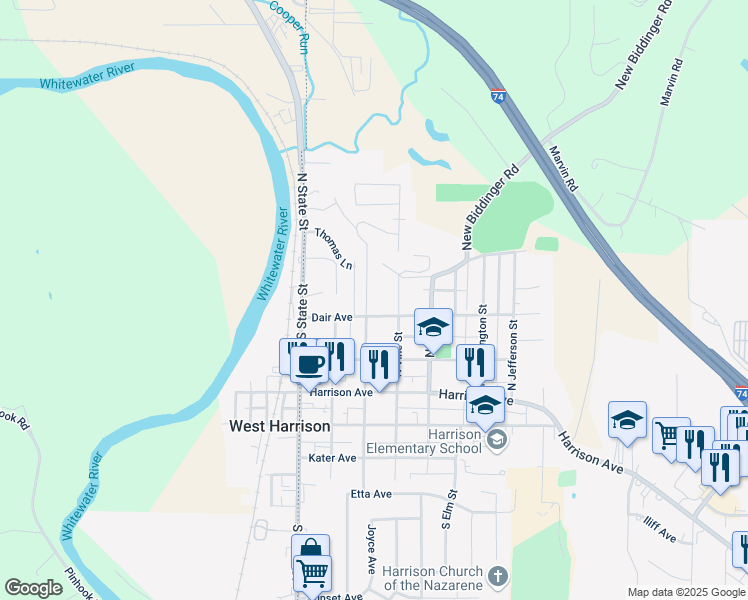 map of restaurants, bars, coffee shops, grocery stores, and more near 311 North Vine Street in Harrison