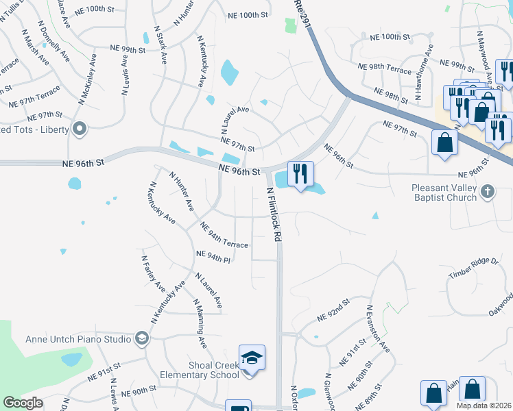 map of restaurants, bars, coffee shops, grocery stores, and more near 9432 North Ditzler Avenue in Kansas City