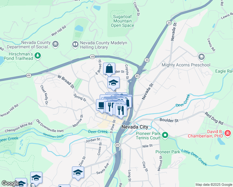map of restaurants, bars, coffee shops, grocery stores, and more near Main Street in Nevada City