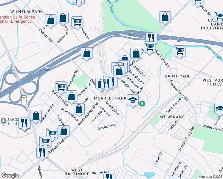map of restaurants, bars, coffee shops, grocery stores, and more near 2617 Washington Boulevard in Baltimore